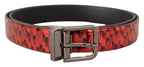 Red Herringbone Leather Gray Tone Buckle Belt