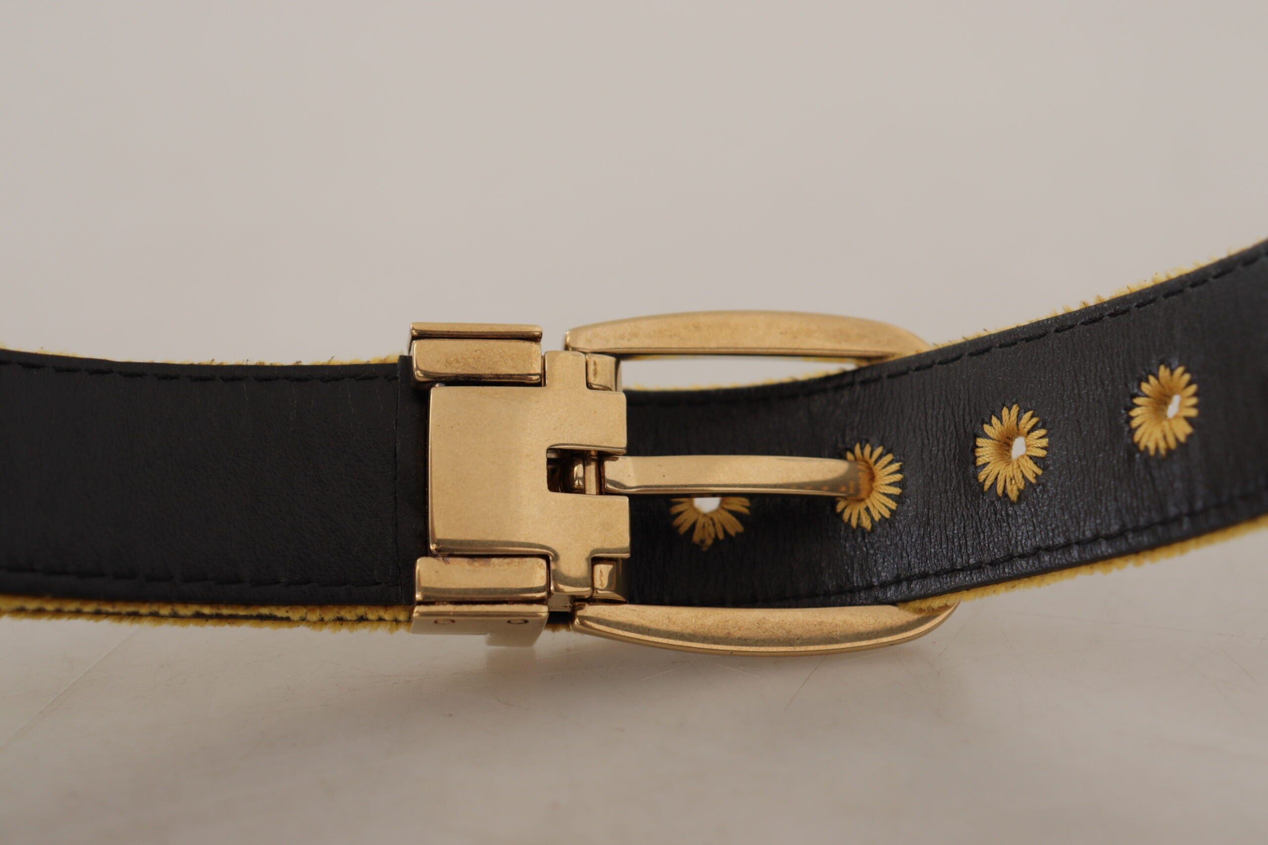 Mustard Velvet Gold Logo Engraved Metal Buckle Belt