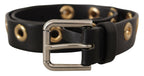 Black Leather Eyelet Silver Tone Metal Buckle Belt