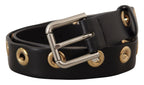 Black Leather Eyelet Silver Tone Metal Buckle Belt