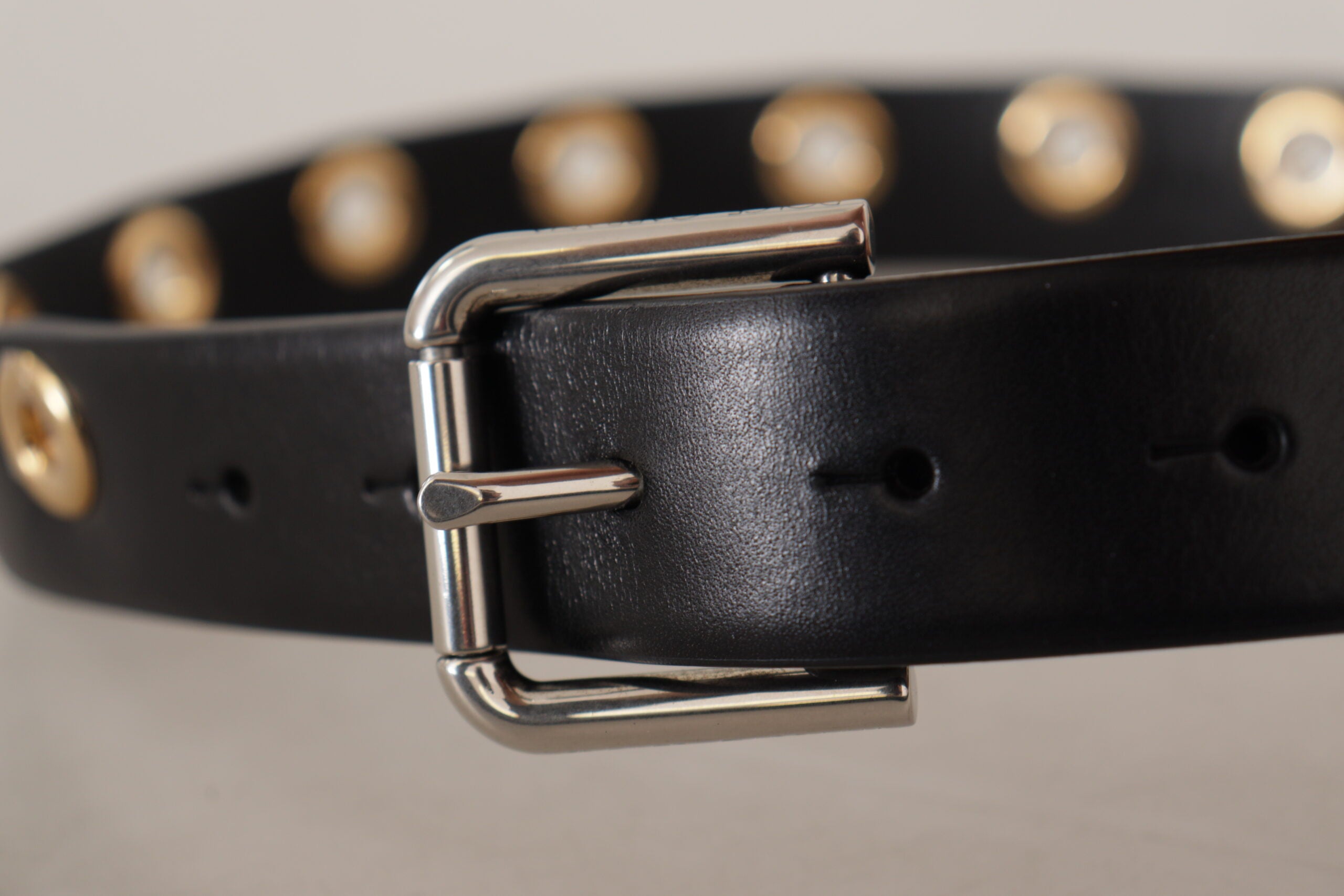 Black Leather Eyelet Silver Tone Metal Buckle Belt