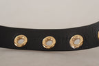 Black Leather Eyelet Silver Tone Metal Buckle Belt