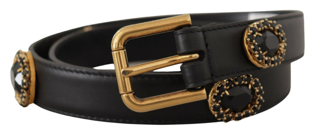 Black Leather Embellished Crystal Logo Belt