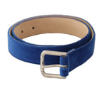 Blue Velvet Silver Logo Engraved Metal Buckle Belt