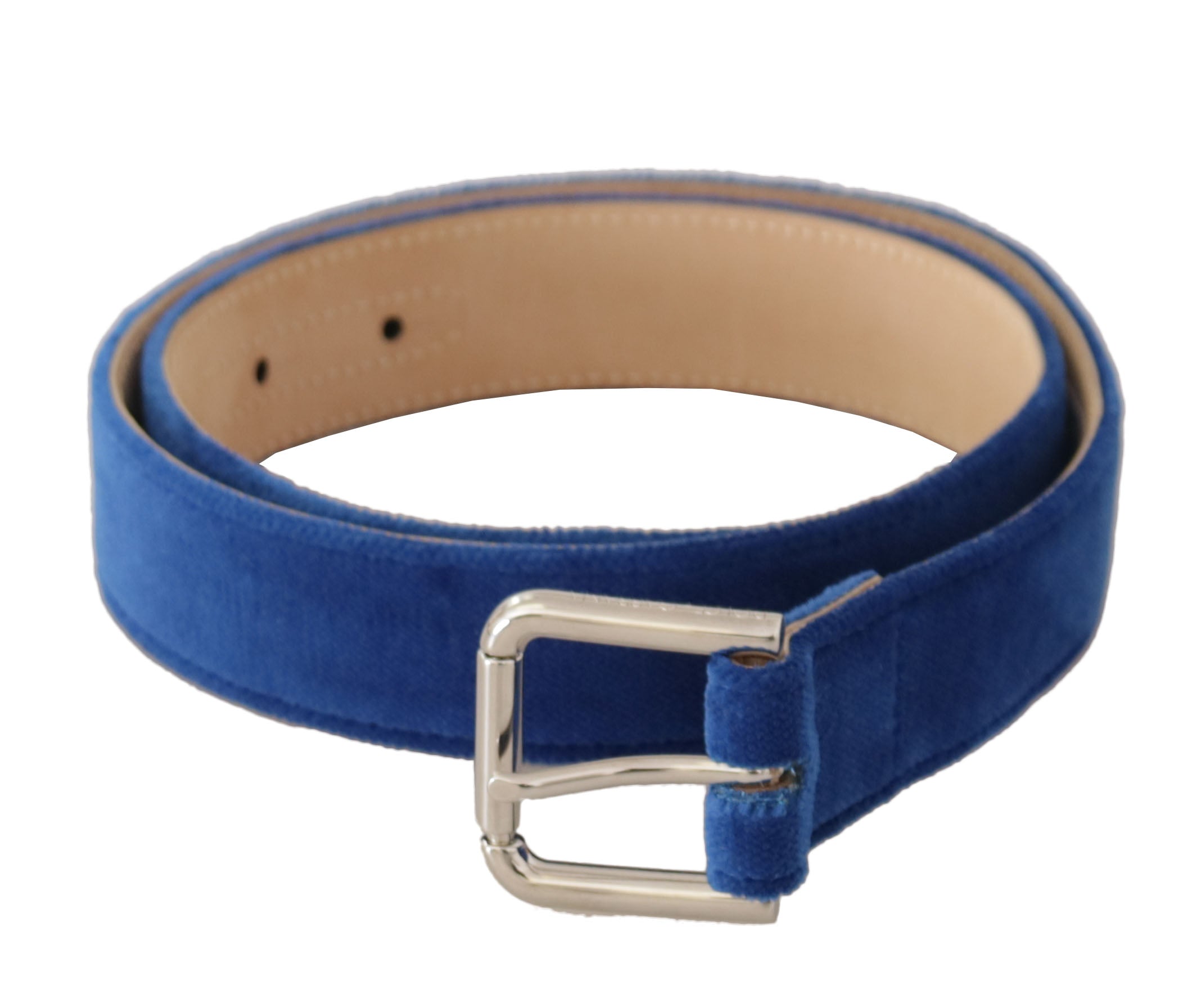 Blue Velvet Silver Logo Engraved Metal Buckle Belt