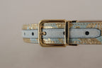 Blue Leather Jacquard Embossed Gold Metal Buckle Belt