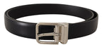 Black Calf Leather Silver Metal Logo Buckle Belt