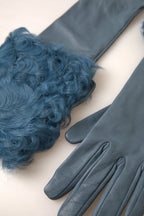 Blue Leather Fur Mid Arm Length Gloves