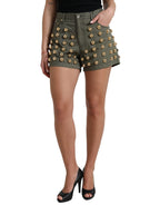 Green Embellished Cotton High Waist Hot Pants Shorts