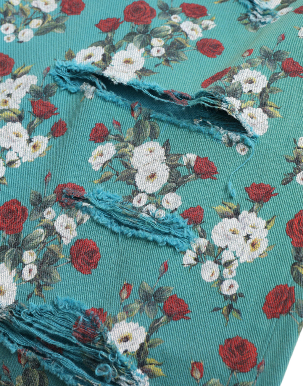 Blue Floral Print Skinny Cotton Denim Pants
