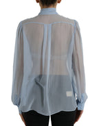 Blue Long Sleeves Ascot Collar Blouse Top