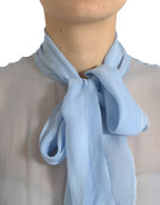 Blue Long Sleeves Ascot Collar Blouse Top