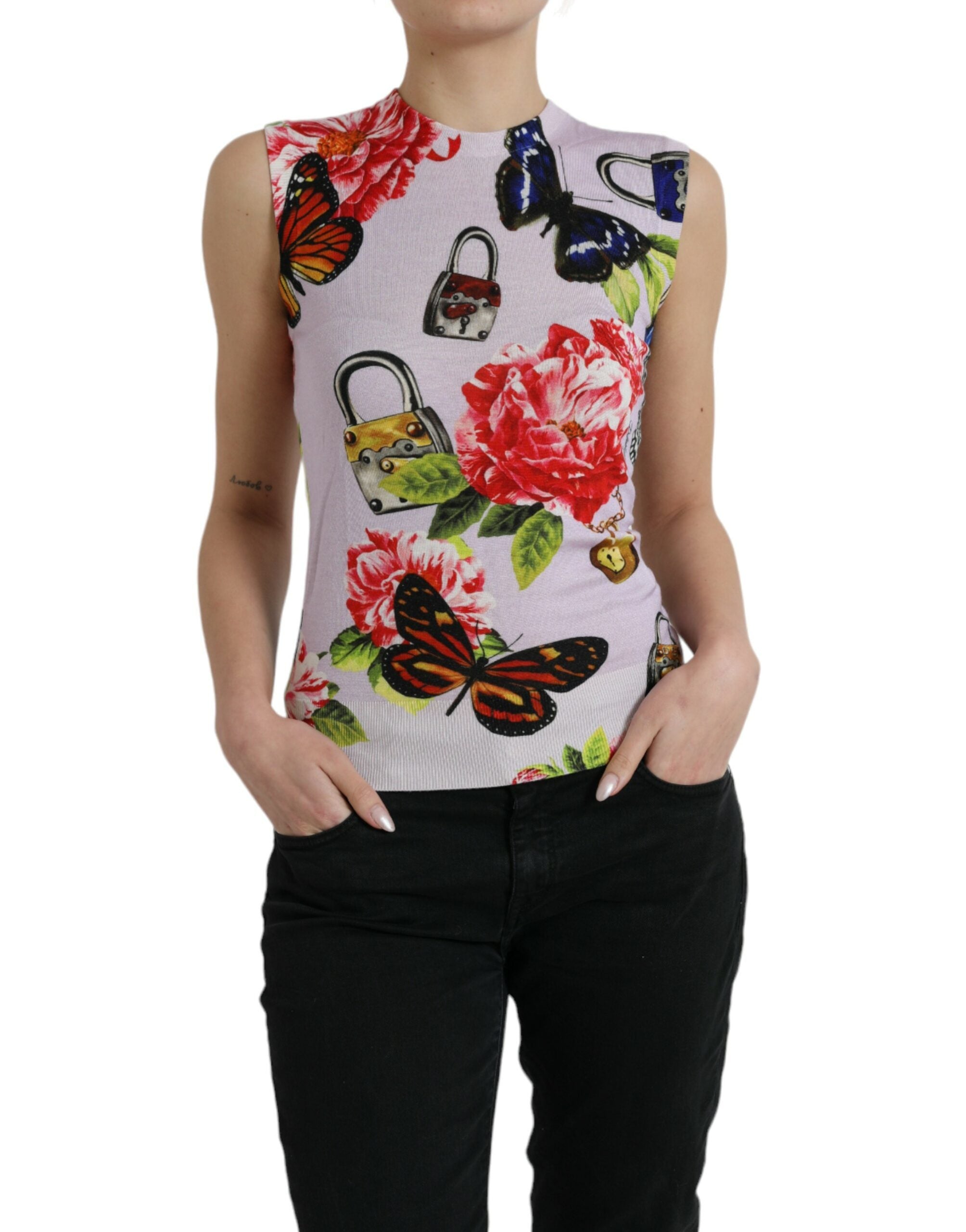 Multicolor Floral Padlock Butterfly Tank Top