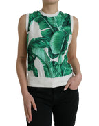 White Banana Leaf Print Crew Neck Tank Top