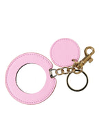 Pink Calf Leather Gold Metal Logo Print Keyring Keychain