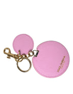 Pink Calf Leather Gold Metal Logo Print Keyring Keychain