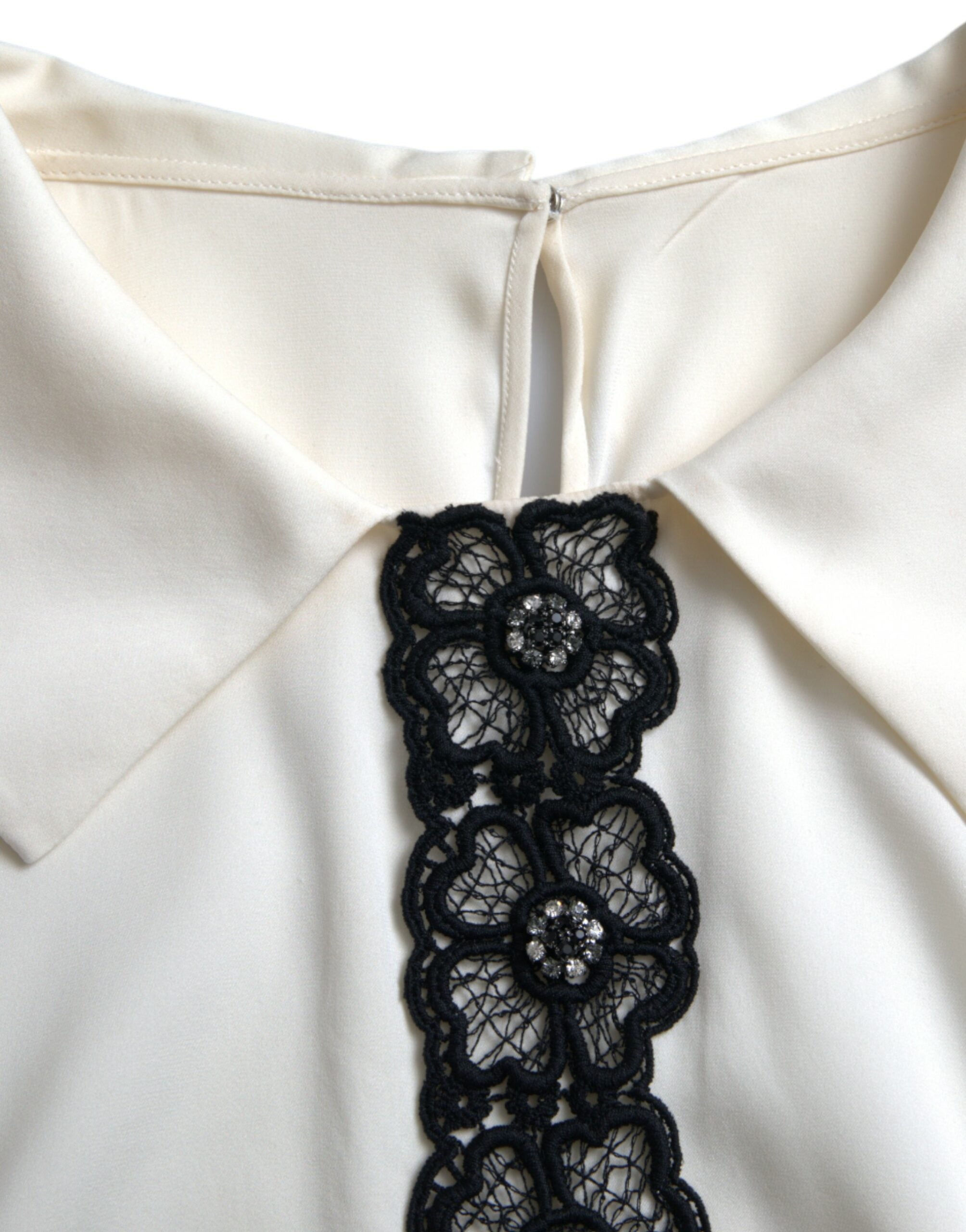Off White Silk Lace Trim Short Sleeves Top