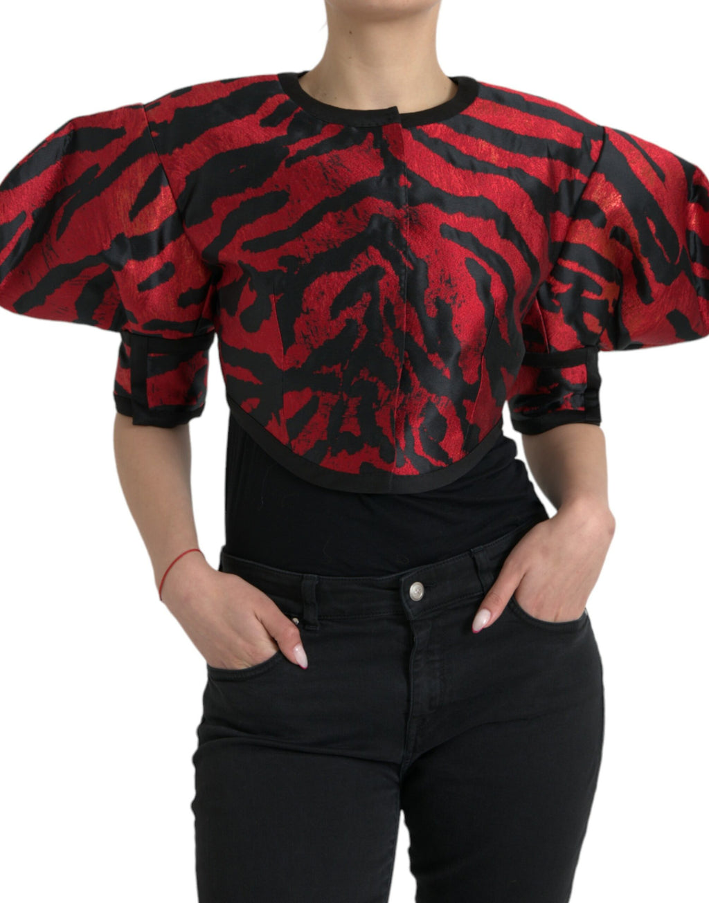 Black Red Patterned Cropped Coat Jacket