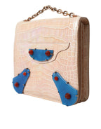 Beige Blue Agate Exotic Leather Gold Chain Purse Bag