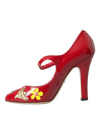 Red Leather Embellished Mary Jane Pumps Heels Shoes