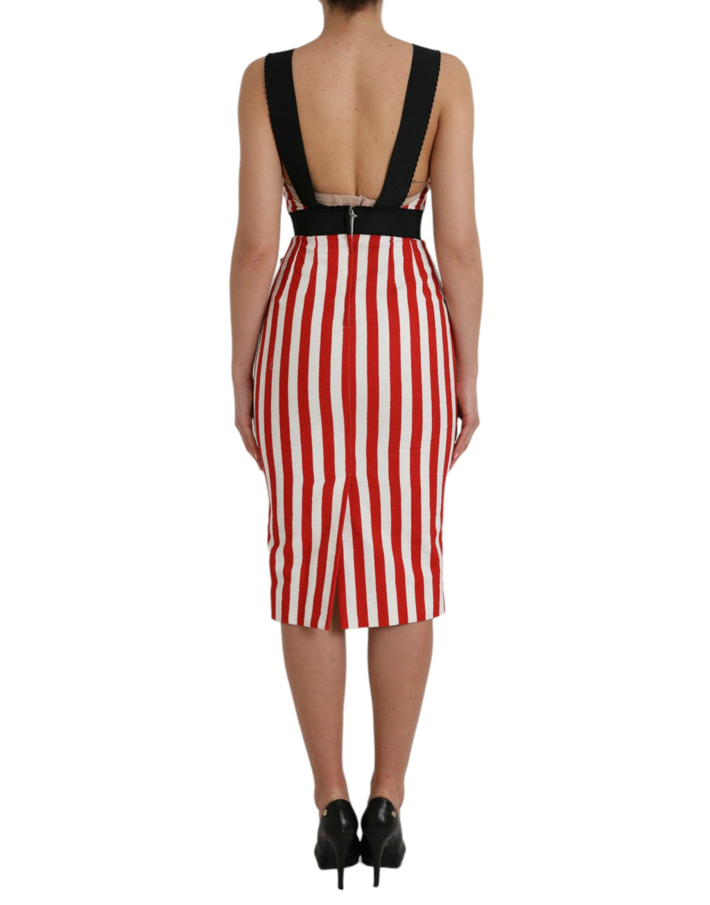 Red White Floral Sleeveless Sheath Midi Dress