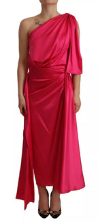 Silk Pink Fitted Cut One Shoulder Midi Dress
