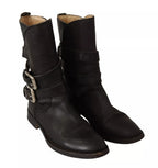 Black Leather Buckle Mid Calf Boots Shoes