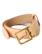 Beige Calfskin Leather Gold Metal Buckle Belt