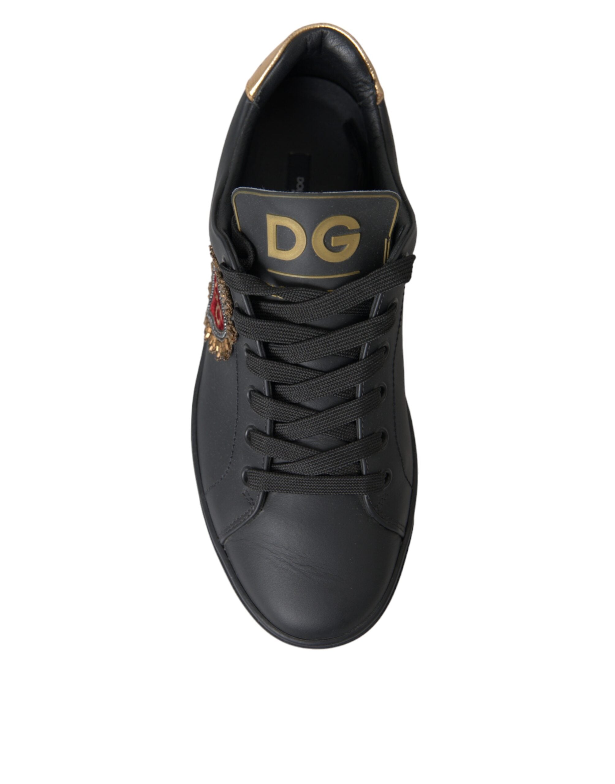 Black Leather Heart Embellished Sneakers Shoes