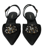 Black Leather Crystal Slingback Sandals Shoes