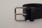 Blue Black Logo Print Silver Buckle Belt
