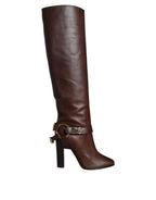 Brown Leather Gold Tone Logo High Boots Shoes