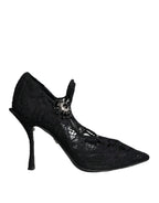 Black Mary Jane Pumps Lace Crystals Heels Shoes