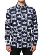 Blue Crown Logo Print Slim Fit Cotton Shirt