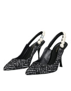 White Black Chevron Faux Pearl Slingback Shoes