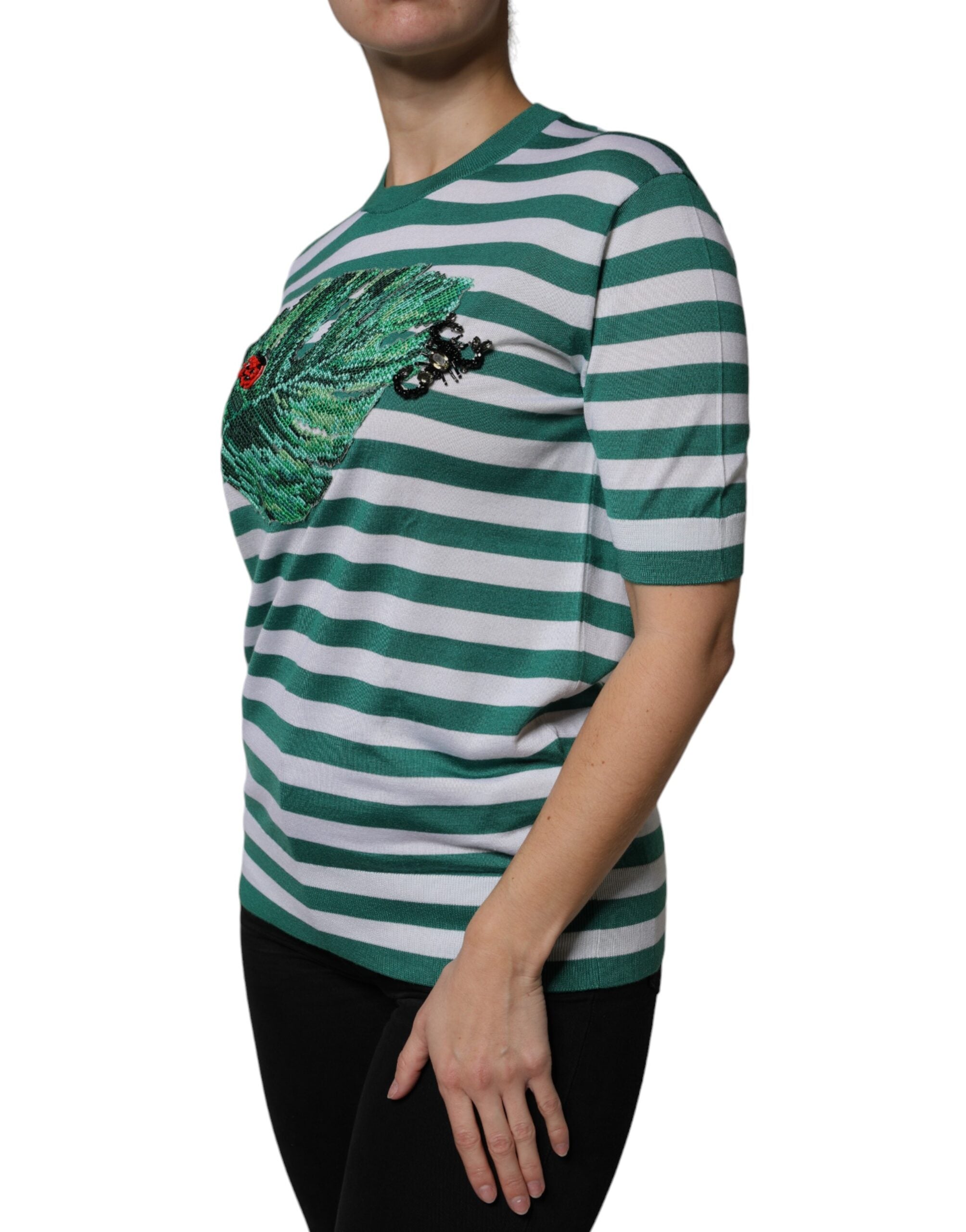 White Green Stripe Leaf Crew Neck T-shirt