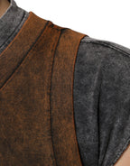 Brown Cotton Crew Neck Sleeveless T-shirt