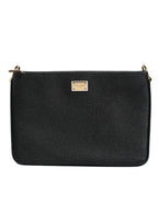 Black Grain Leather Logo Plaque Clutch Bag
