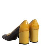 Yellow Brown Leather Block Heel Pumps Shoes