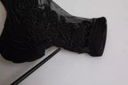 Black Tulle Stretch Heels Mid Calf Boots Shoes