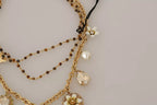 Gold Brass Crystal Floral Statement Charms Necklace