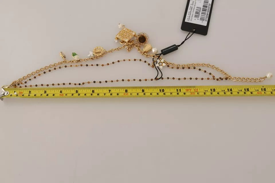 Gold Brass Crystal Floral Statement Charms Necklace