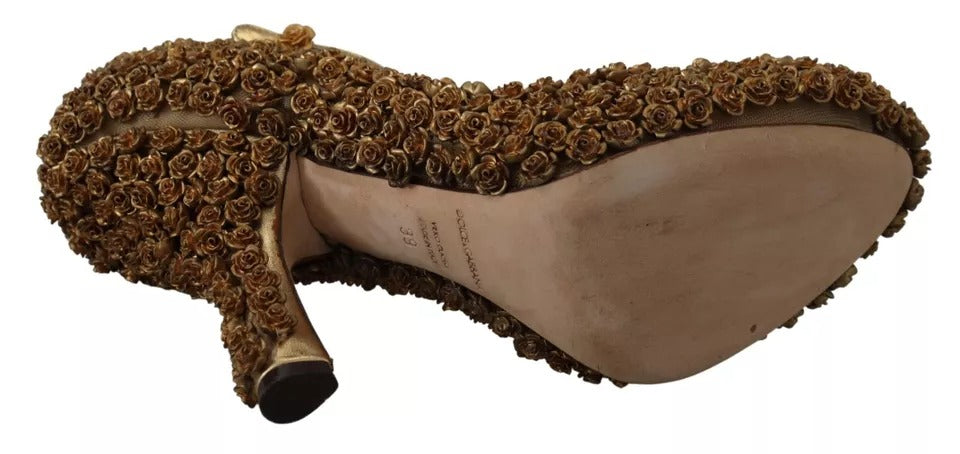 Gold Roses Embellished Heels Pumps Shoes