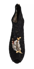 Black Crystal Lace Booties Stilettos Shoes