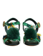 Green Crystal Fur Embellished Sandals Shoes