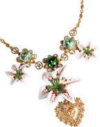 Gold Brass Lily Crystal Sacred Heart Pendant Necklace