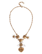 Gold Brass Lily Crystal Sacred Heart Pendant Necklace