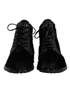 Black Pony Style Leather Mid Calf Boots Shoes