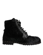 Black Pony Style Leather Mid Calf Boots Shoes