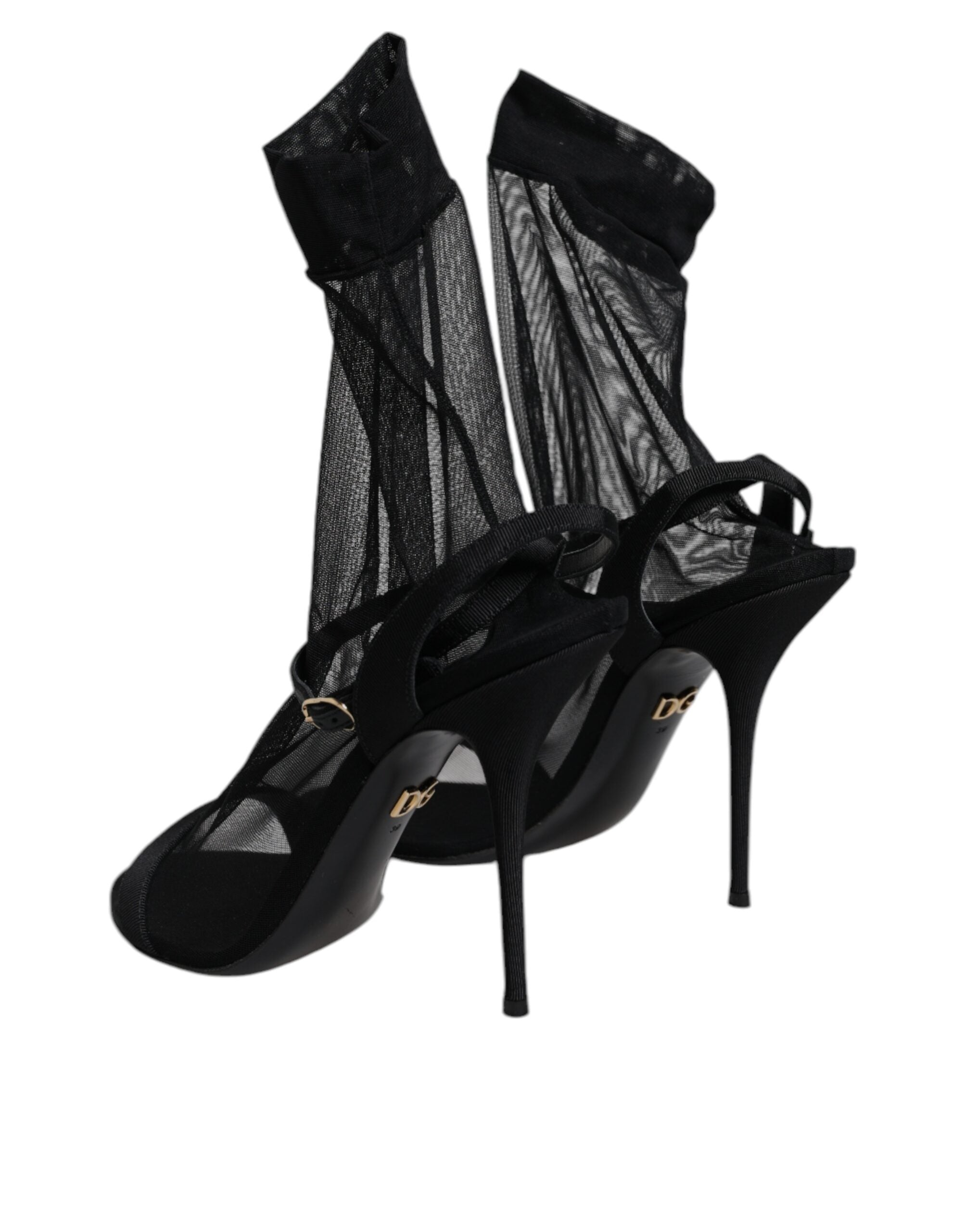Black Tulle Stretch Heels Sandals Shoes